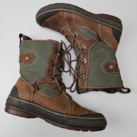 Clarks Muckers Squall Winter Boots Women 10 Lace Up Brown Leather‎ Olive Canvas - Picture 2 of 11